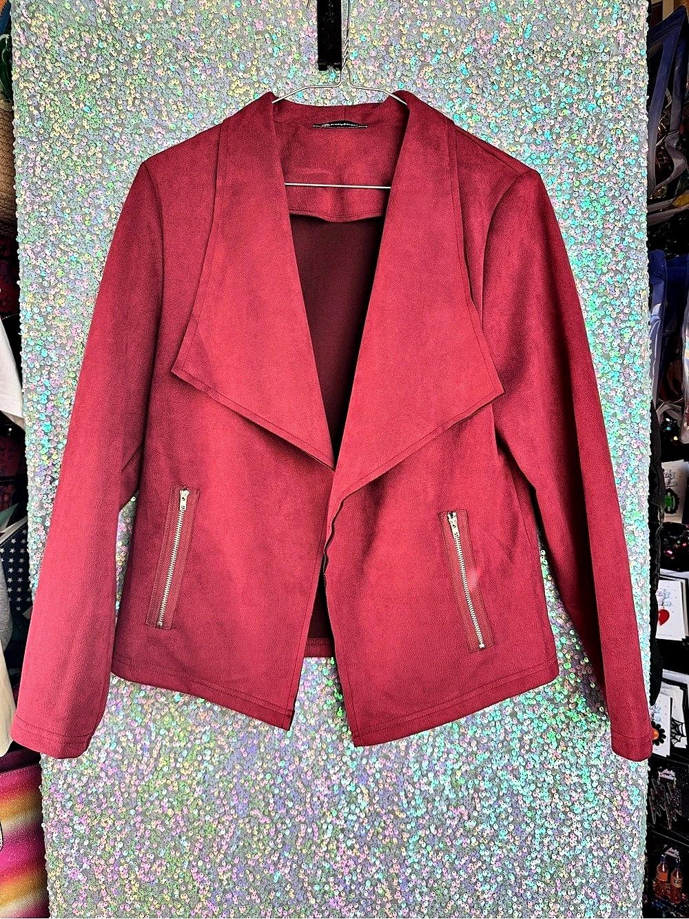 PrettyGarden Red Faux Suede Draped Moto Jacket